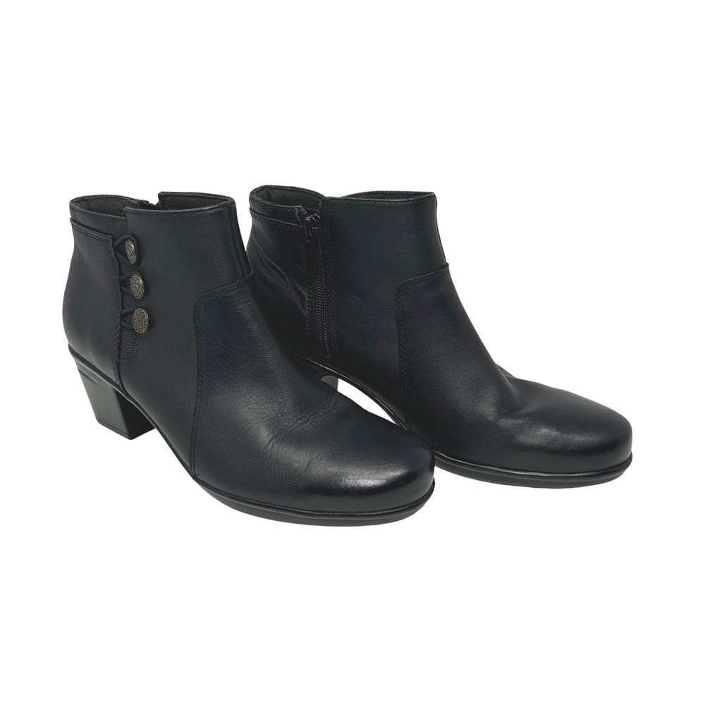 Clarks Womens Black Leather Button Ankle Boots Block Heel Side Zip 7.5 M